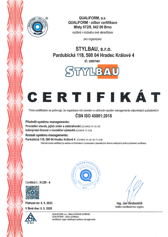 Certifikát dle ČSN ISO 45001:2018